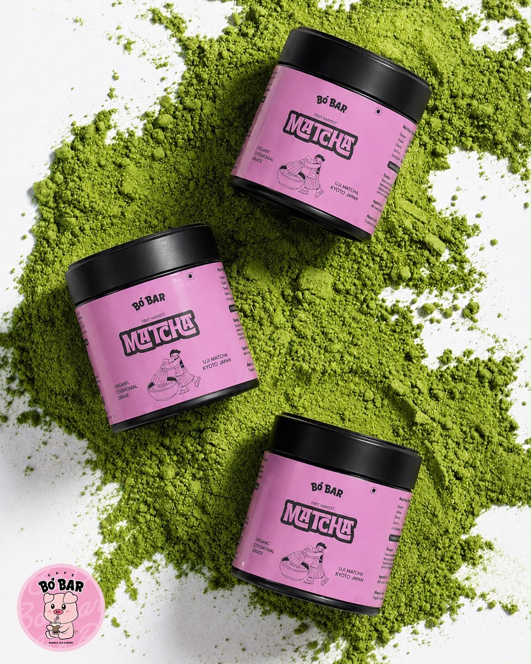 Bo Bar matcha tins on matcha powder